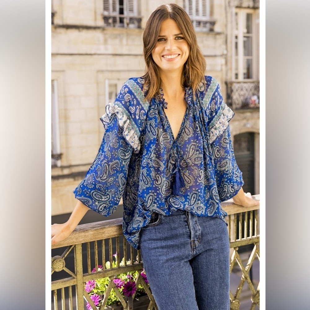 Miss June Paris Boho Paisley Top Blue with Tassels